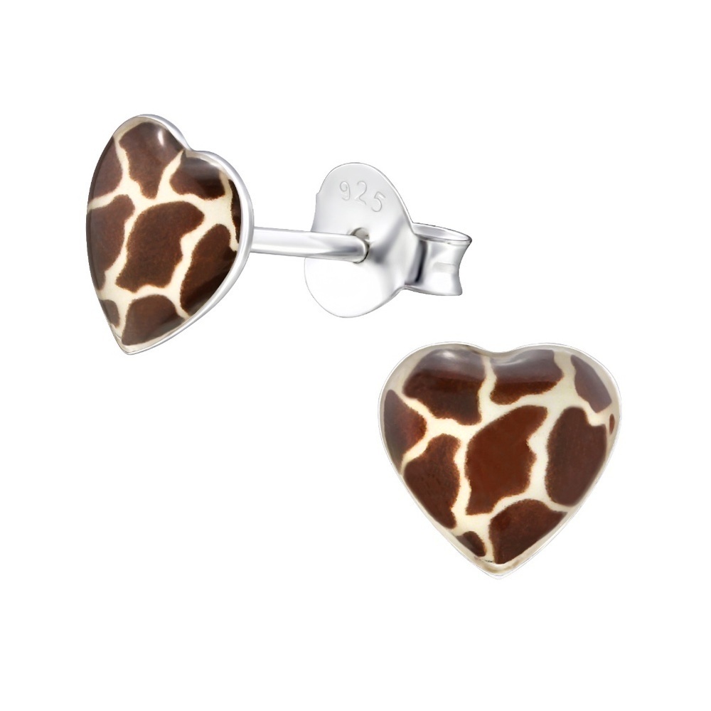 Dainty Sterling Silver Heart Stud Earrings – Giraffe Print